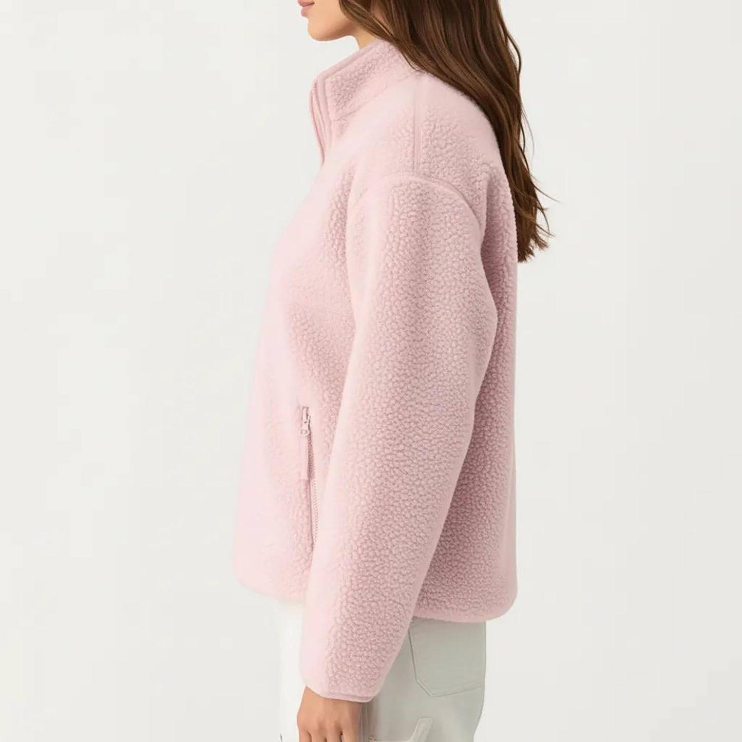 High Pile Fleece Pullover Jacket with Half Zip Front Stand Collar Long Sleeves