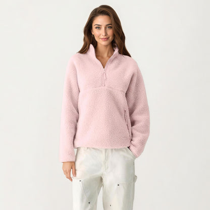 High Pile Fleece Pullover Jacket with Half Zip Front Stand Collar Long Sleeves