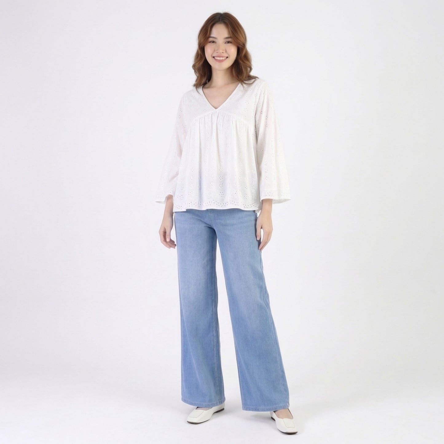 High Waist Wide Leg Denim Pants with Pull On Elastic Waist Stretch Fit Relaxed Silhouette