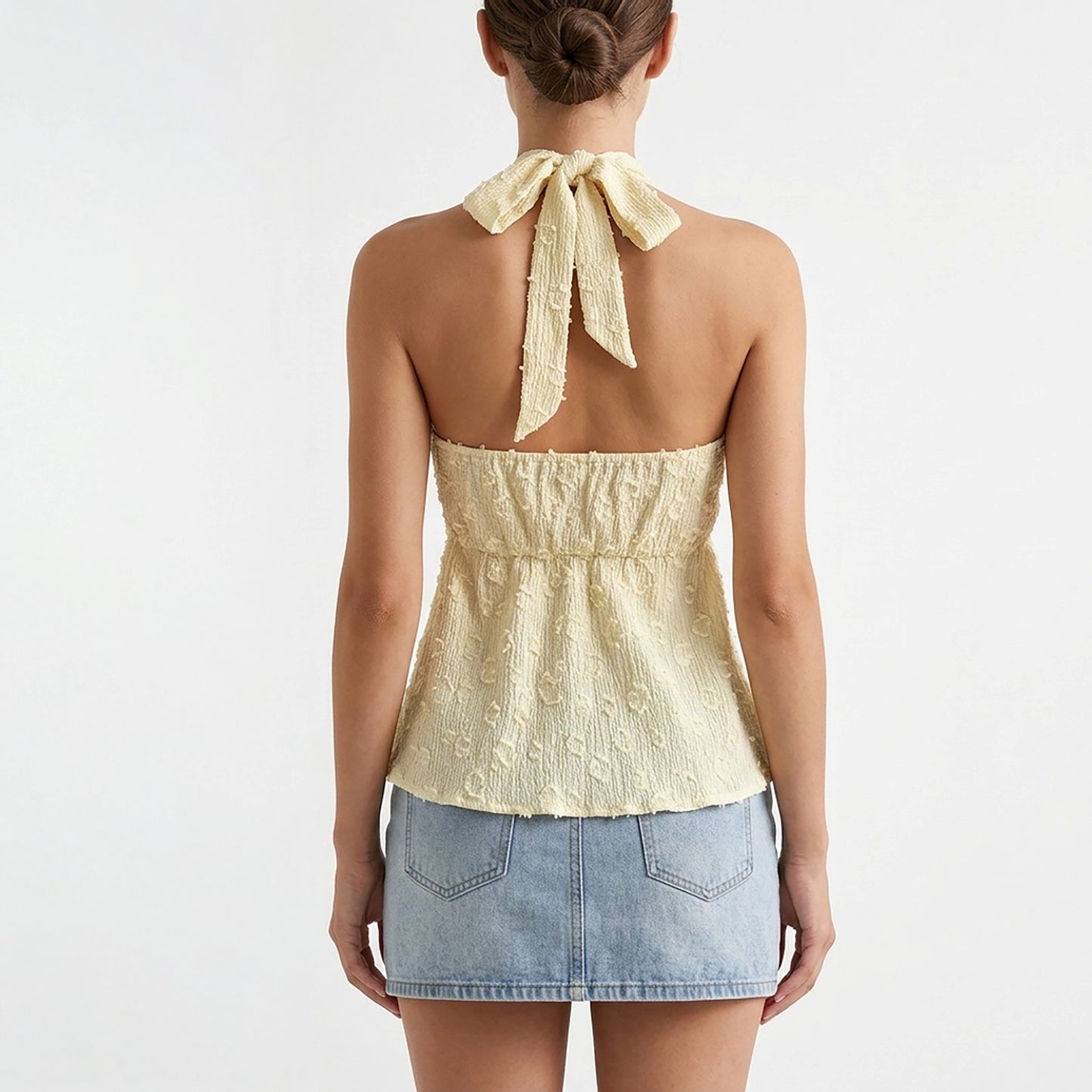 Lace Halter Neck Sleeveless Top with Tie Front Detail Stretch Smocked Back