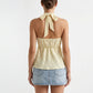Lace Halter Neck Sleeveless Top with Tie Front Detail Stretch Smocked Back