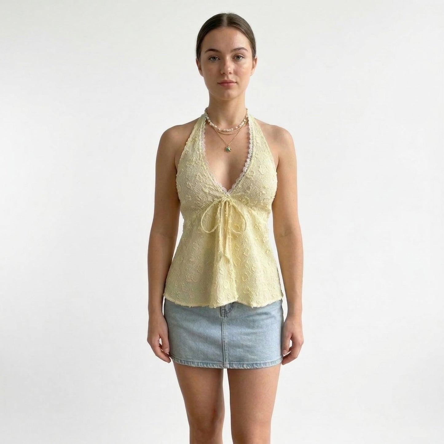 Lace Halter Neck Sleeveless Top with Tie Front Detail Stretch Smocked Back