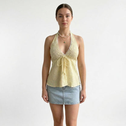 Lace Halter Neck Sleeveless Top with Tie Front Detail Stretch Smocked Back