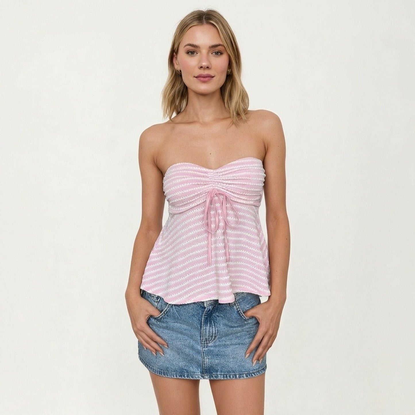 Strapless Ruched Knit Tube Top Adjustable Tie Front Peplum Hem Stretch Textured Summer Top