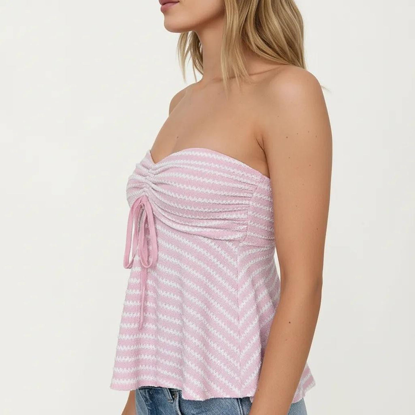 Strapless Ruched Knit Tube Top Adjustable Tie Front Peplum Hem Stretch Textured Summer Top