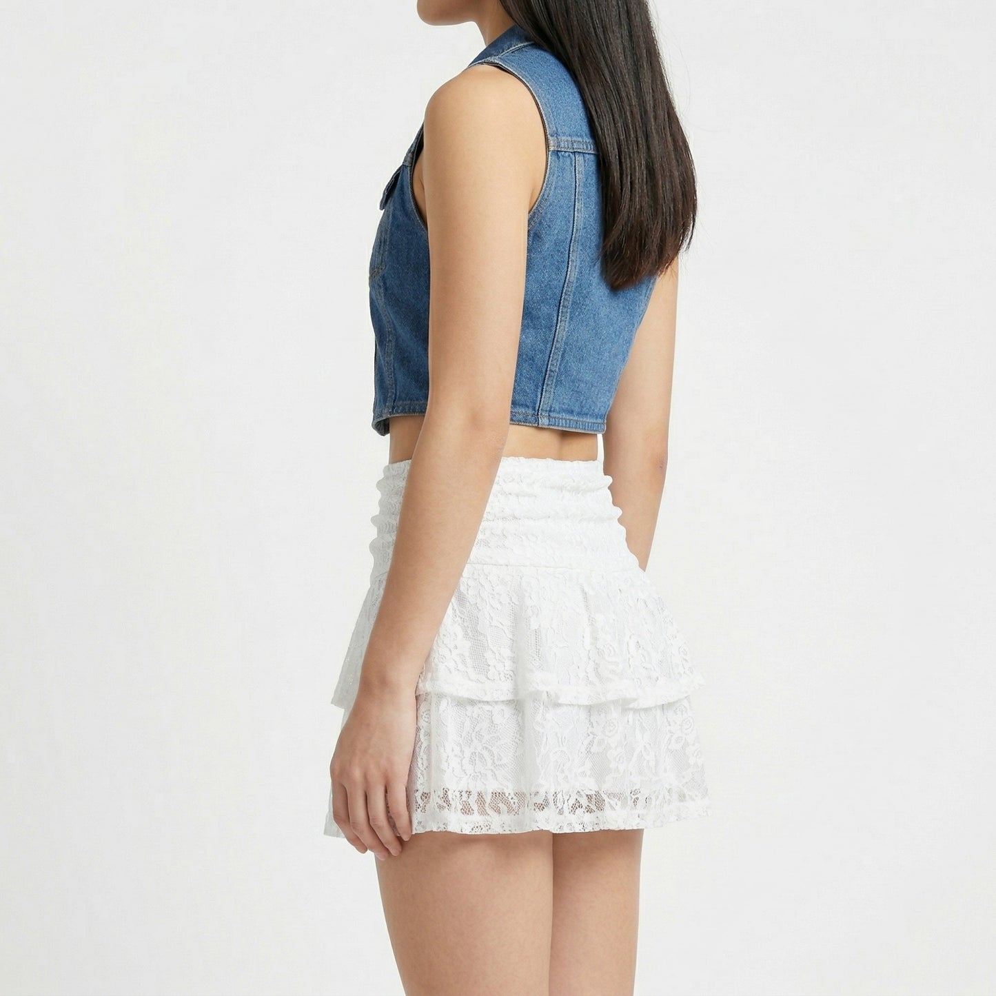 Lace Tiered Mini Skirt with Elastic Waist Ruffle Layers Sheer Overlay Feminine Fit