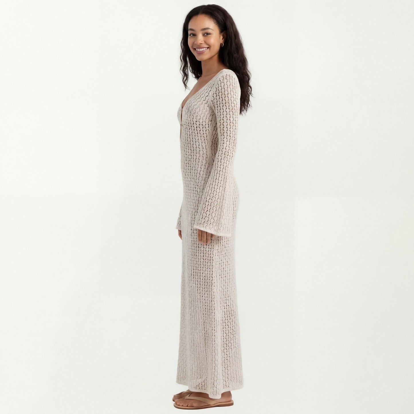 Crochet Cover Up Maxi Dress with Long Bell Sleeves Deep V Neck Sheer Knit Swim Cover Up