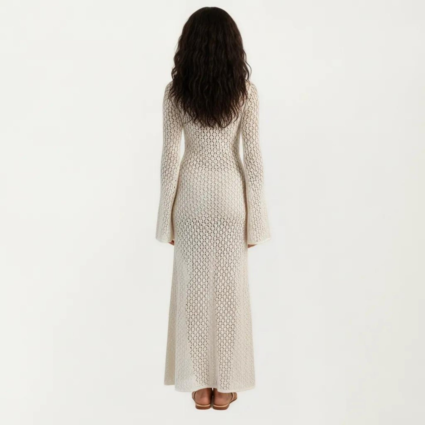 Crochet Cover Up Maxi Dress with Long Bell Sleeves Deep V Neck Sheer Knit Swim Cover Up