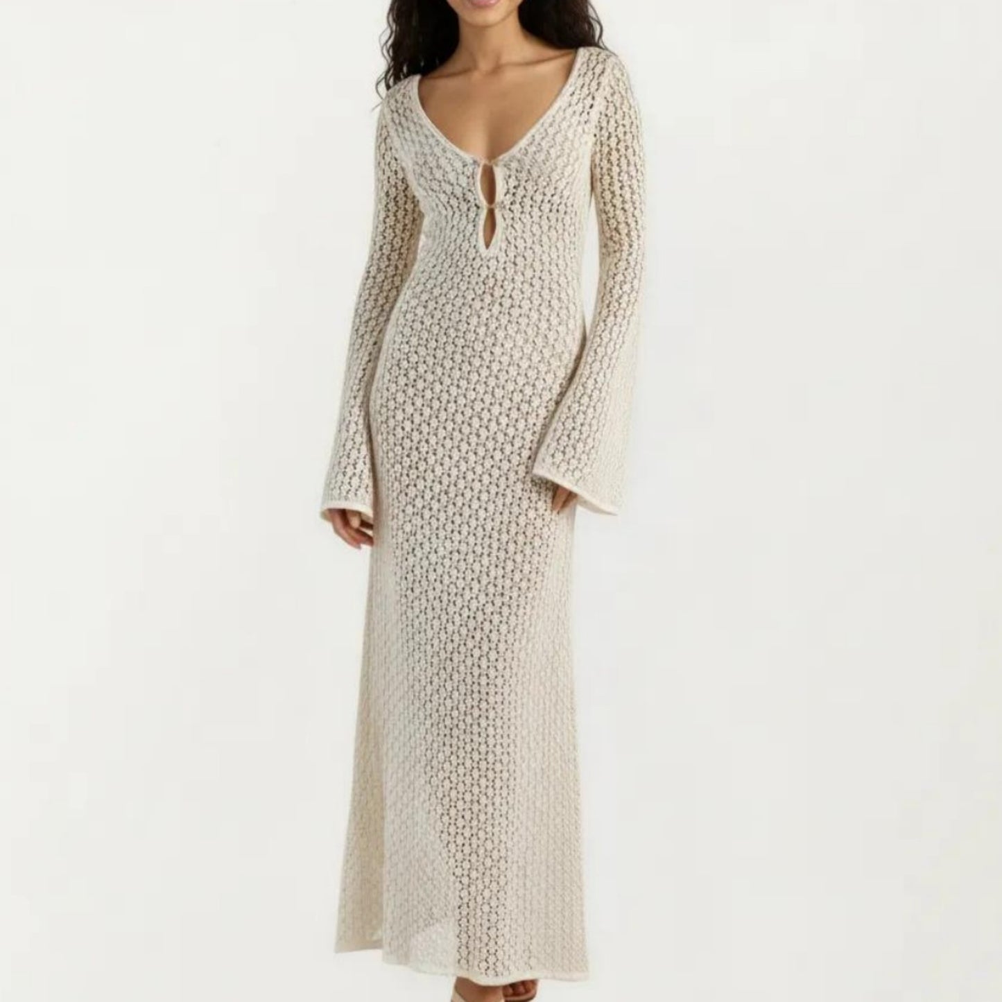Crochet Cover Up Maxi Dress with Long Bell Sleeves Deep V Neck Sheer Knit Swim Cover Up