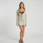 Long Sleeve Open Knit Swim Cover Up Dress with Scoop Neck Cutout Front Bodycon Beachwear