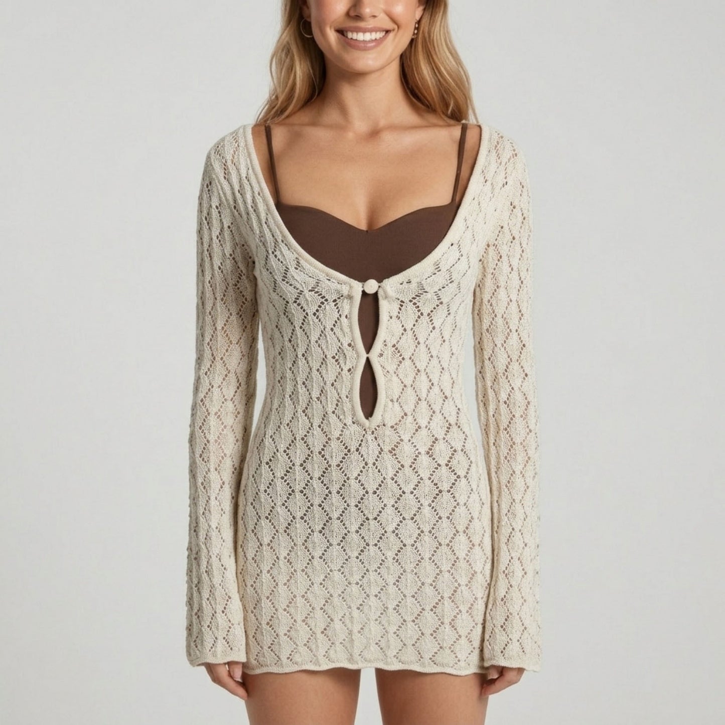Long Sleeve Open Knit Swim Cover Up Dress with Scoop Neck Cutout Front Bodycon Beachwear