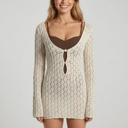 Long Sleeve Open Knit Swim Cover Up Dress with Scoop Neck Cutout Front Bodycon Beachwear