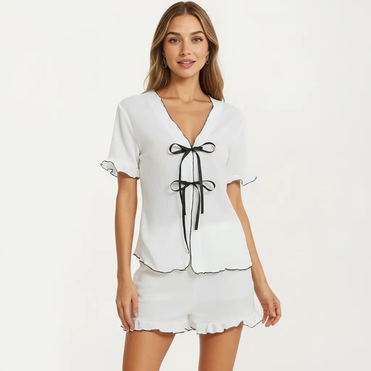 2-Piece Set Short Sleeve V Neck Tie Front Pajama Top with Ruffle Hem Shorts Lounge Sleepwear Set