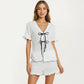 2-Piece Set Short Sleeve V Neck Tie Front Pajama Top with Ruffle Hem Shorts Lounge Sleepwear Set
