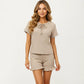 2-Piece Set Ribbed Pajama Top with Tie Neck Detail and Ruffle Hem Shorts Lounge Sleepwear Set