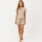 2-Piece Set Ribbed Pajama Top with Tie Neck Detail and Ruffle Hem Shorts Lounge Sleepwear Set