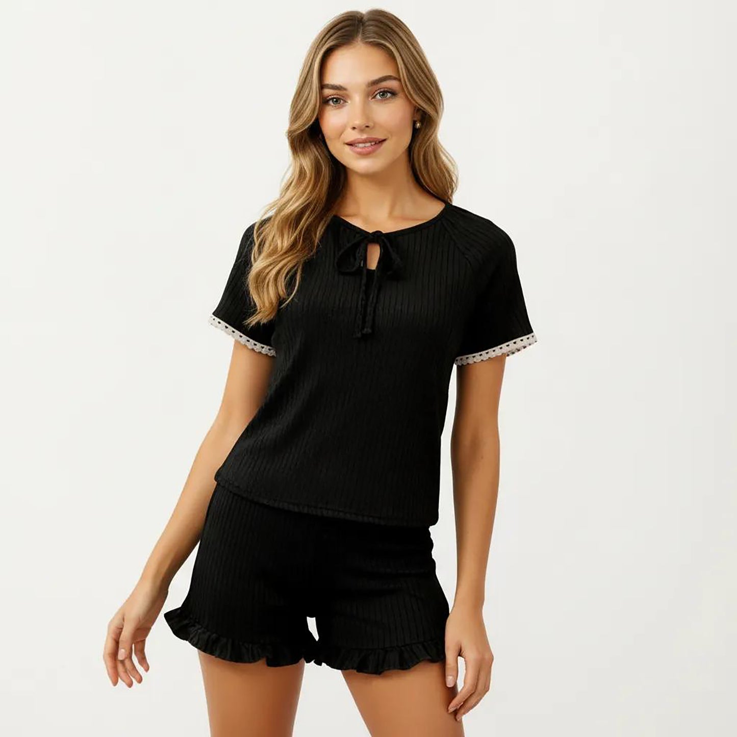 2-Piece Set Ribbed Pajama Top with Tie Neck Detail and Ruffle Hem Shorts Lounge Sleepwear Set