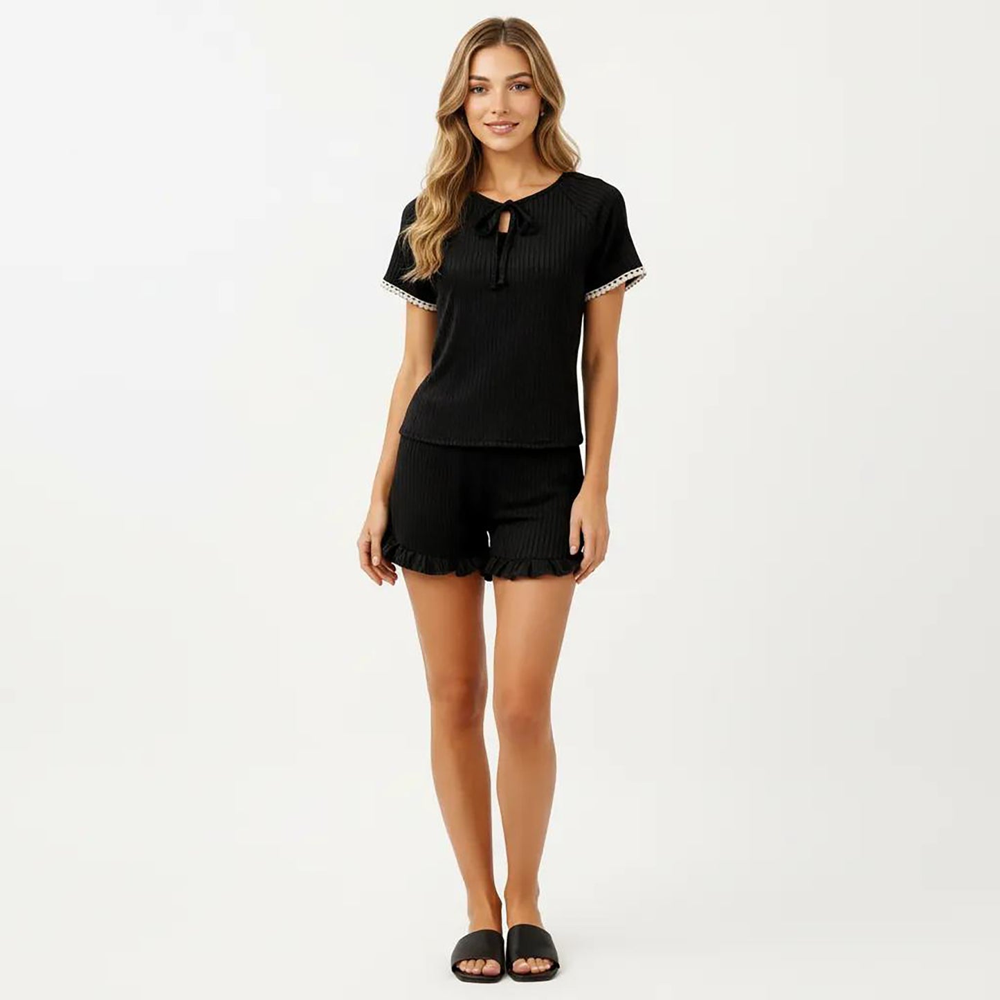 2-Piece Set Ribbed Pajama Top with Tie Neck Detail and Ruffle Hem Shorts Lounge Sleepwear Set