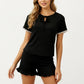 2-Piece Set Ribbed Pajama Top with Tie Neck Detail and Ruffle Hem Shorts Lounge Sleepwear Set