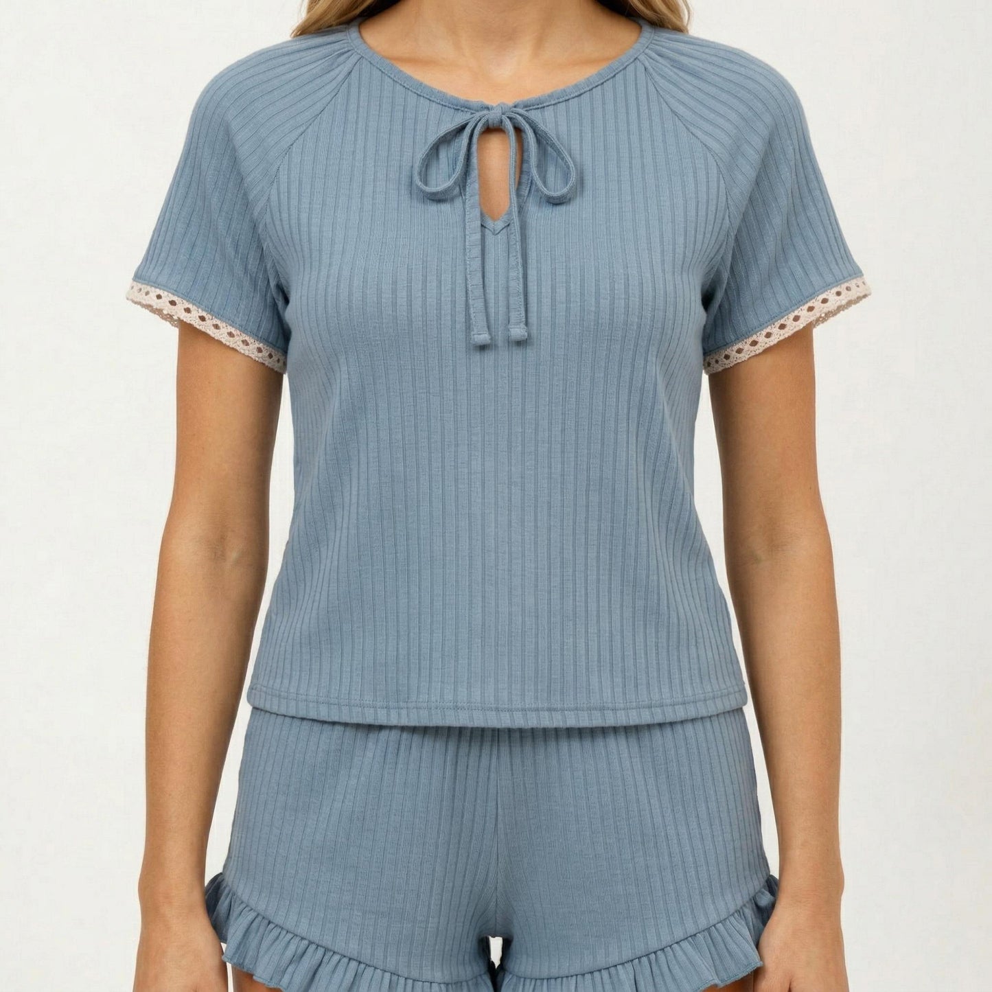 2-Piece Set Ribbed Pajama Top with Tie Neck Detail and Ruffle Hem Shorts Lounge Sleepwear Set