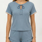 2-Piece Set Ribbed Pajama Top with Tie Neck Detail and Ruffle Hem Shorts Lounge Sleepwear Set