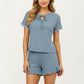 2-Piece Set Ribbed Pajama Top with Tie Neck Detail and Ruffle Hem Shorts Lounge Sleepwear Set