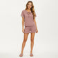 2-Piece Set Ribbed Pajama Top with Tie Neck Detail and Ruffle Hem Shorts Lounge Sleepwear Set