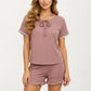 2-Piece Set Ribbed Pajama Top with Tie Neck Detail and Ruffle Hem Shorts Lounge Sleepwear Set