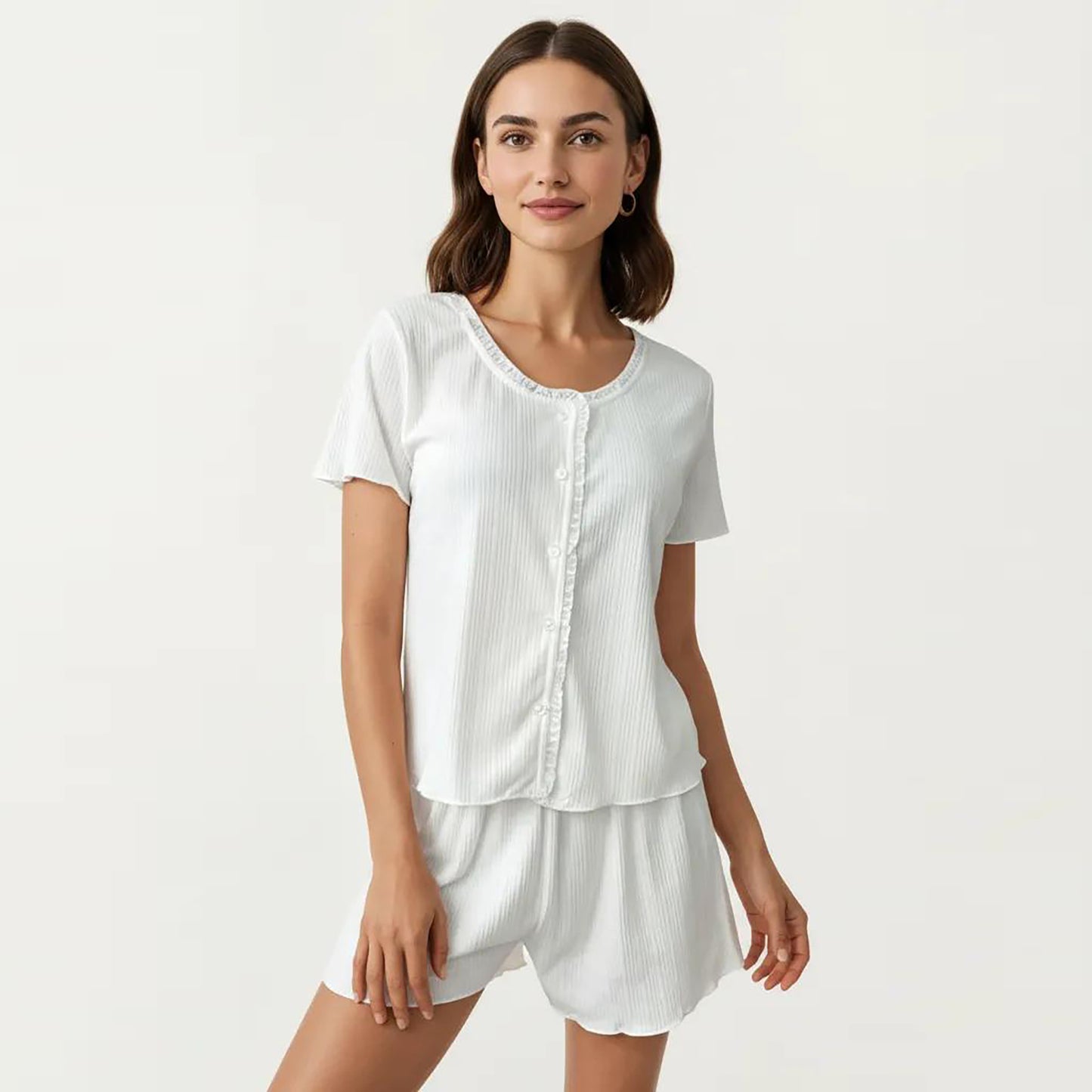 2-Piece Set Short Sleeve Button Front Pajama Top and Relaxed Fit Shorts Textured Sleepwear Set