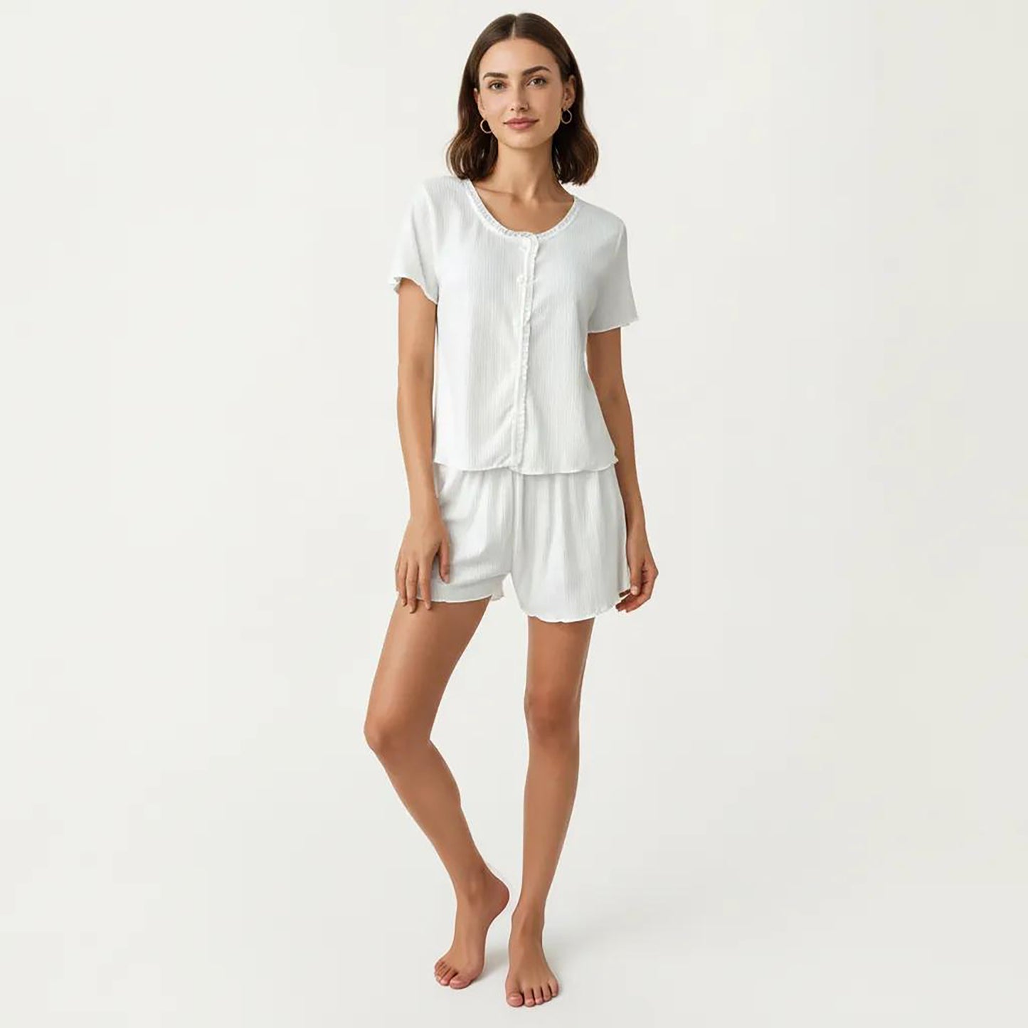 2-Piece Set Short Sleeve Button Front Pajama Top and Relaxed Fit Shorts Textured Sleepwear Set