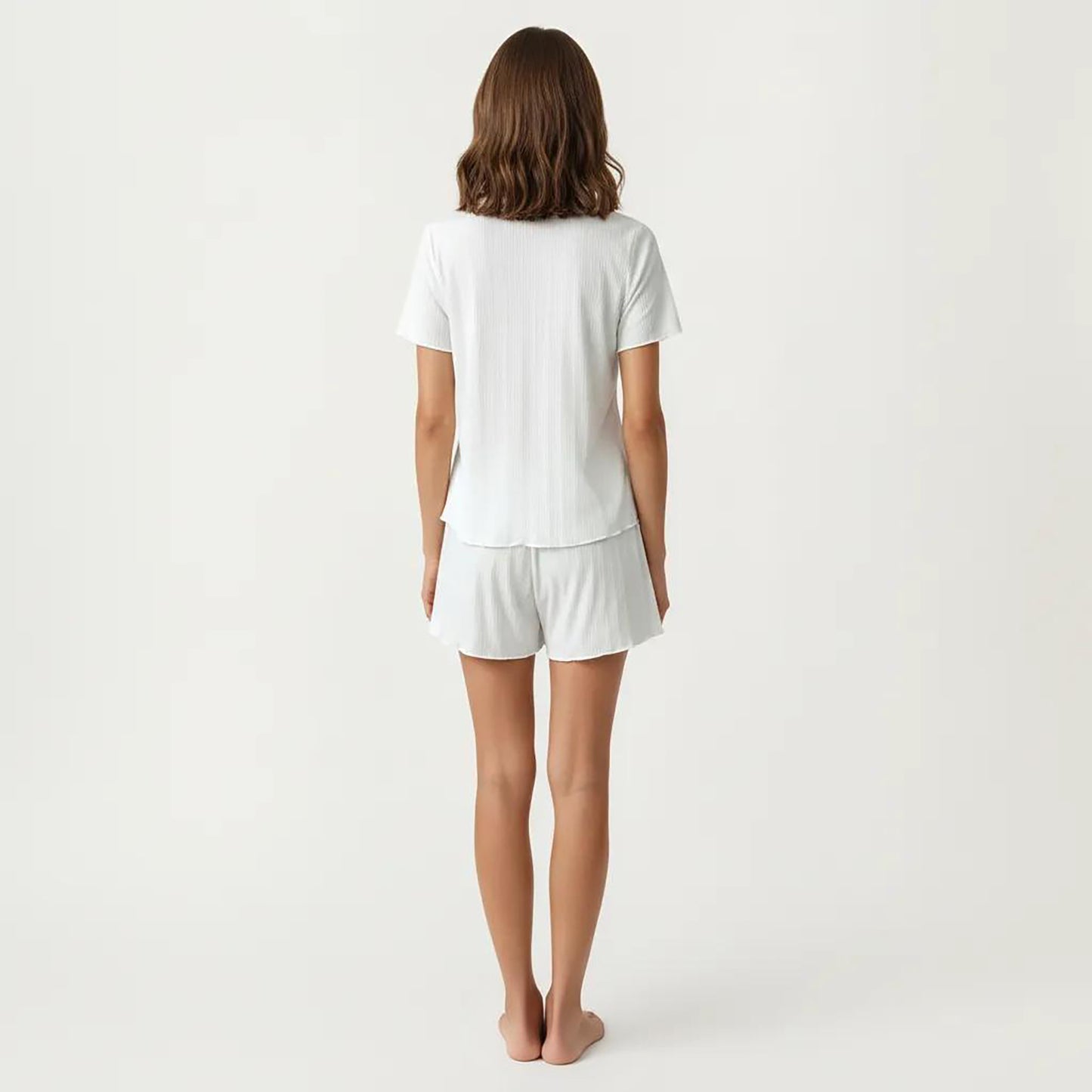 2-Piece Set Short Sleeve Button Front Pajama Top and Relaxed Fit Shorts Textured Sleepwear Set