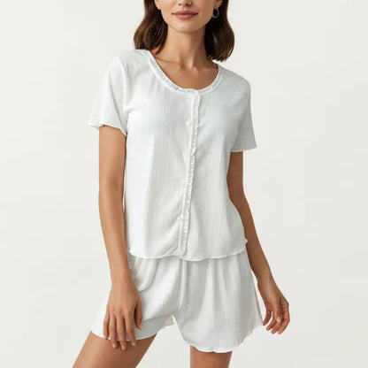 2-Piece Set Short Sleeve Button Front Pajama Top and Relaxed Fit Shorts Textured Sleepwear Set