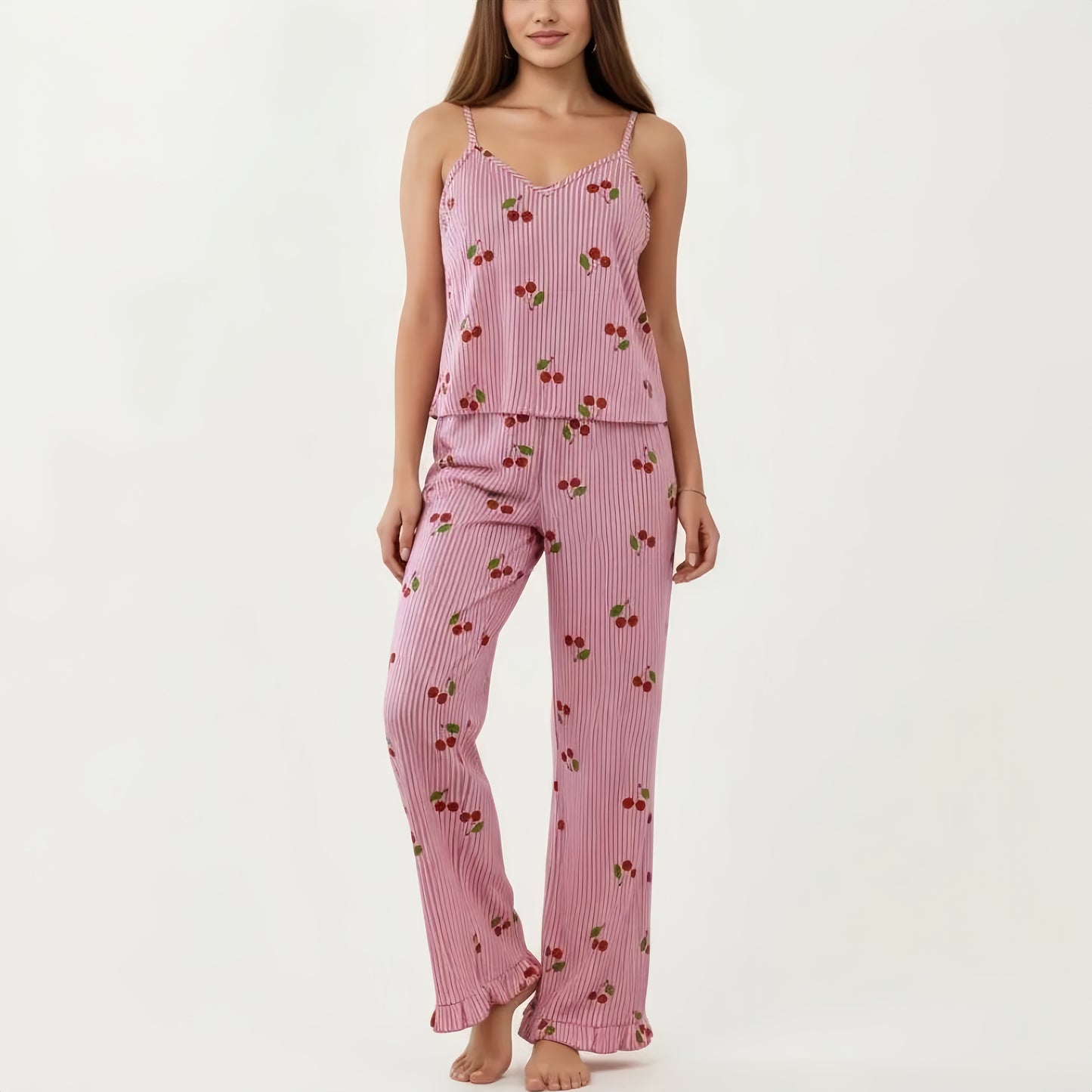 2-Piece Set Sleeveless Pajama Cami Top with Adjustable Straps and Relaxed Fit Pants Sleepwear Set