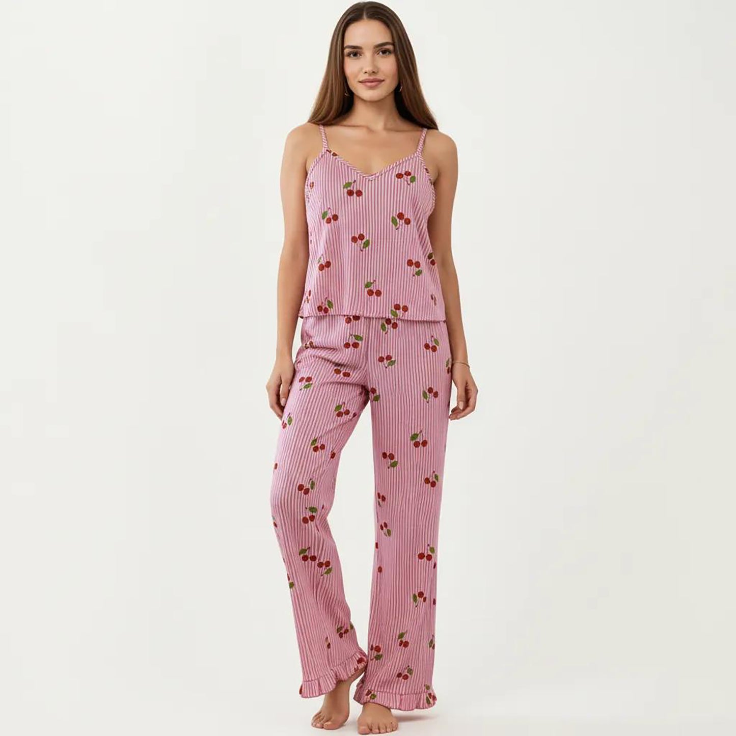 2-Piece Set Sleeveless Pajama Cami Top with Adjustable Straps and Relaxed Fit Pants Sleepwear Set