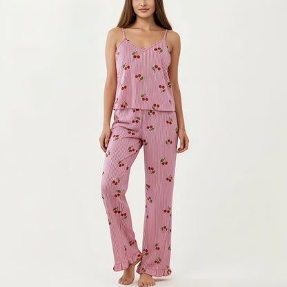 2-Piece Set Sleeveless Pajama Cami Top with Adjustable Straps and Relaxed Fit Pants Sleepwear Set