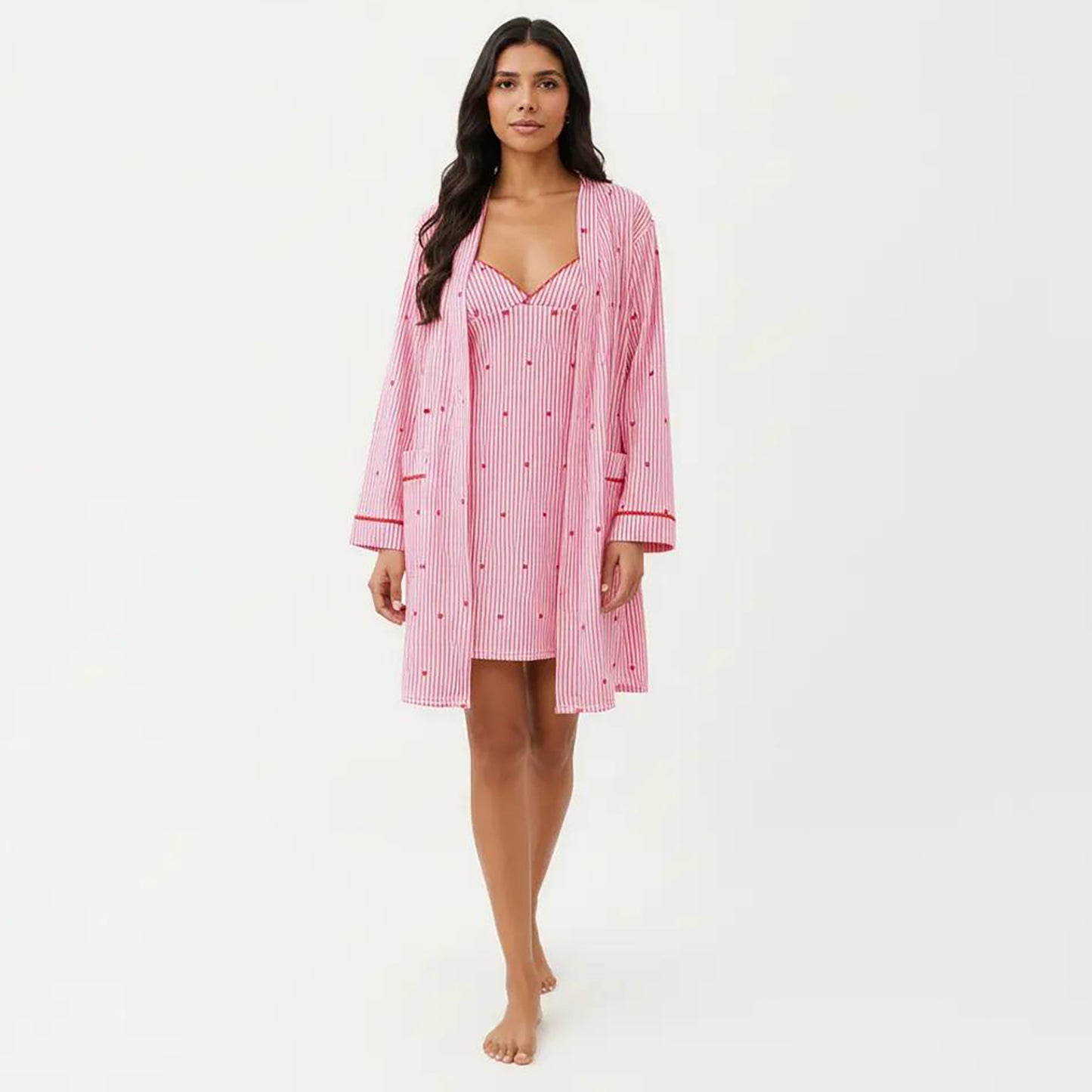 2-Piece Set Sleeveless Pajama Dress with V Neck and Long Sleeve Open Front Robe Striped Design