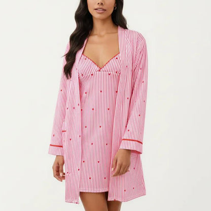 2-Piece Set Sleeveless Pajama Dress with V Neck and Long Sleeve Open Front Robe Striped Design