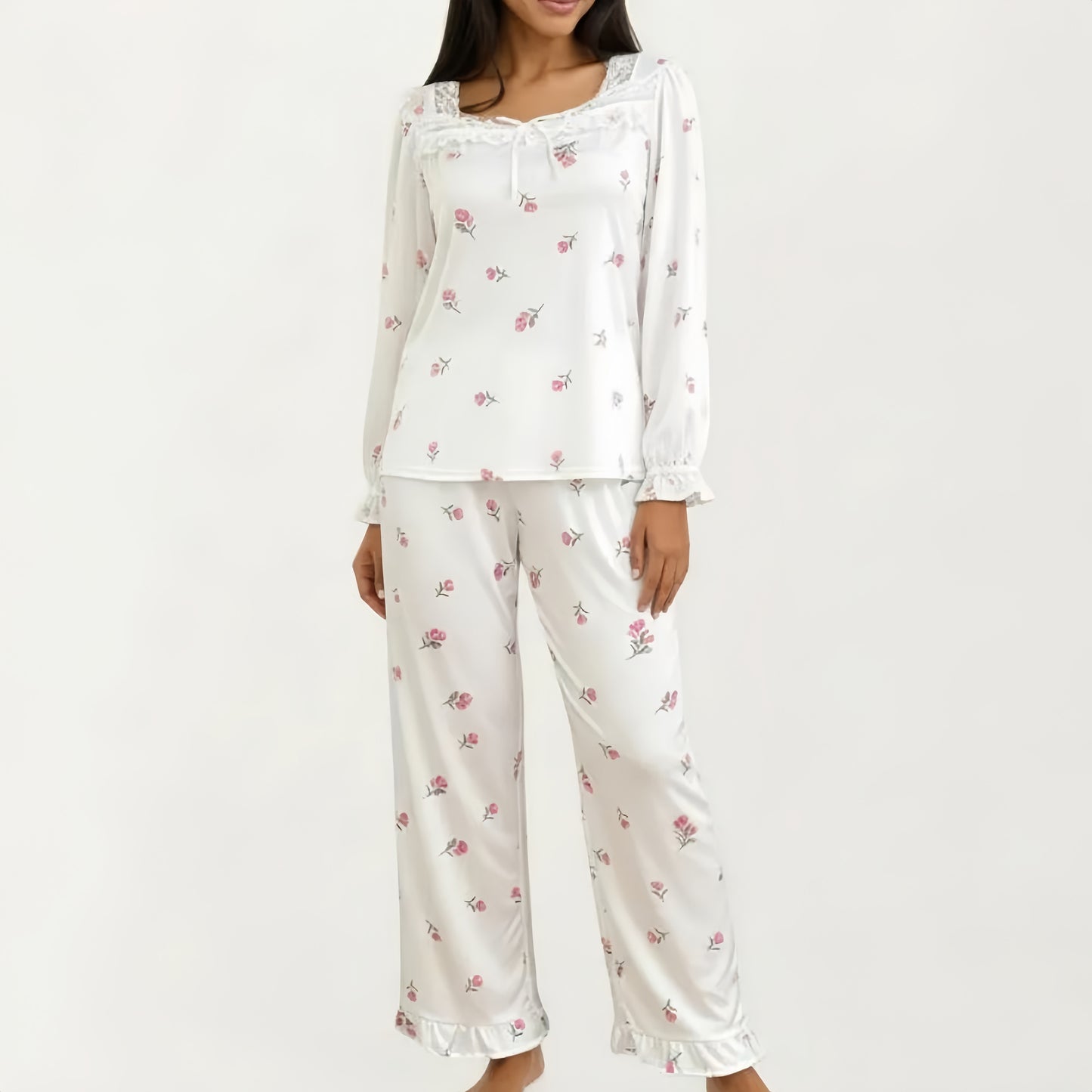 2-Piece Set Pajama Top with Lace Trim Tie Neck Detail and Relaxed Fit Pants Printed Sleepwear Set