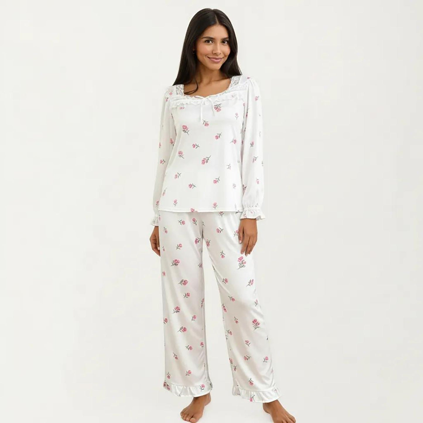 2-Piece Set Pajama Top with Lace Trim Tie Neck Detail and Relaxed Fit Pants Printed Sleepwear Set