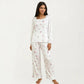 2-Piece Set Pajama Top with Lace Trim Tie Neck Detail and Relaxed Fit Pants Printed Sleepwear Set