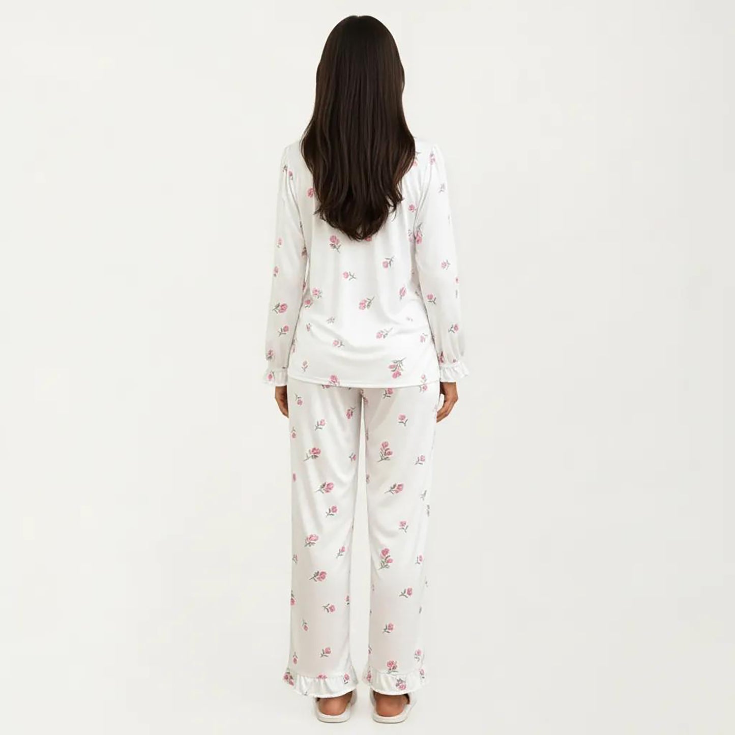 2-Piece Set Pajama Top with Lace Trim Tie Neck Detail and Relaxed Fit Pants Printed Sleepwear Set