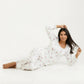 2-Piece Set Pajama Top with Lace Trim Tie Neck Detail and Relaxed Fit Pants Printed Sleepwear Set