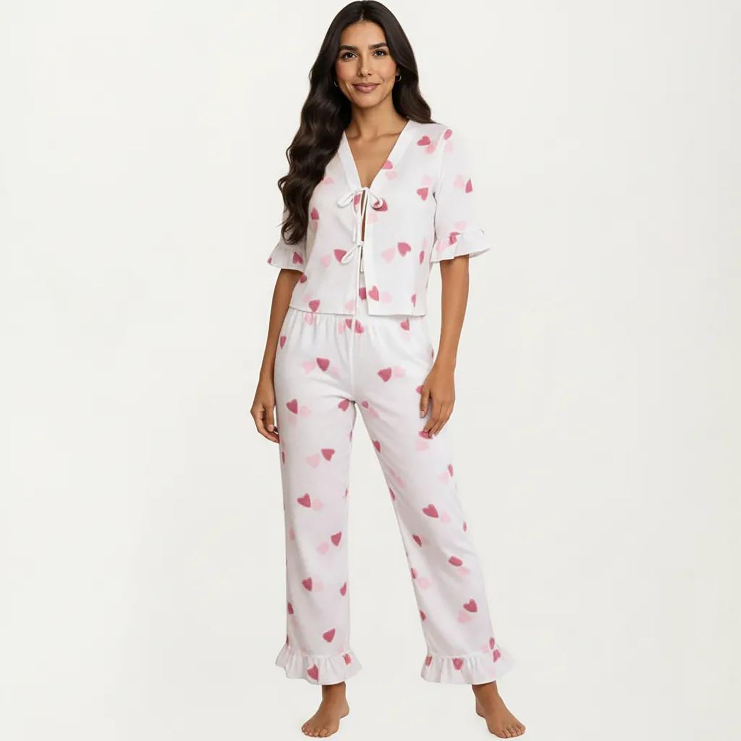 2-Piece Set V Neck Tie Front Pajama Top with Ruffle Sleeve Detail and Pants Printed Sleepwear Set