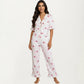 2-Piece Set V Neck Tie Front Pajama Top with Ruffle Sleeve Detail and Pants Printed Sleepwear Set