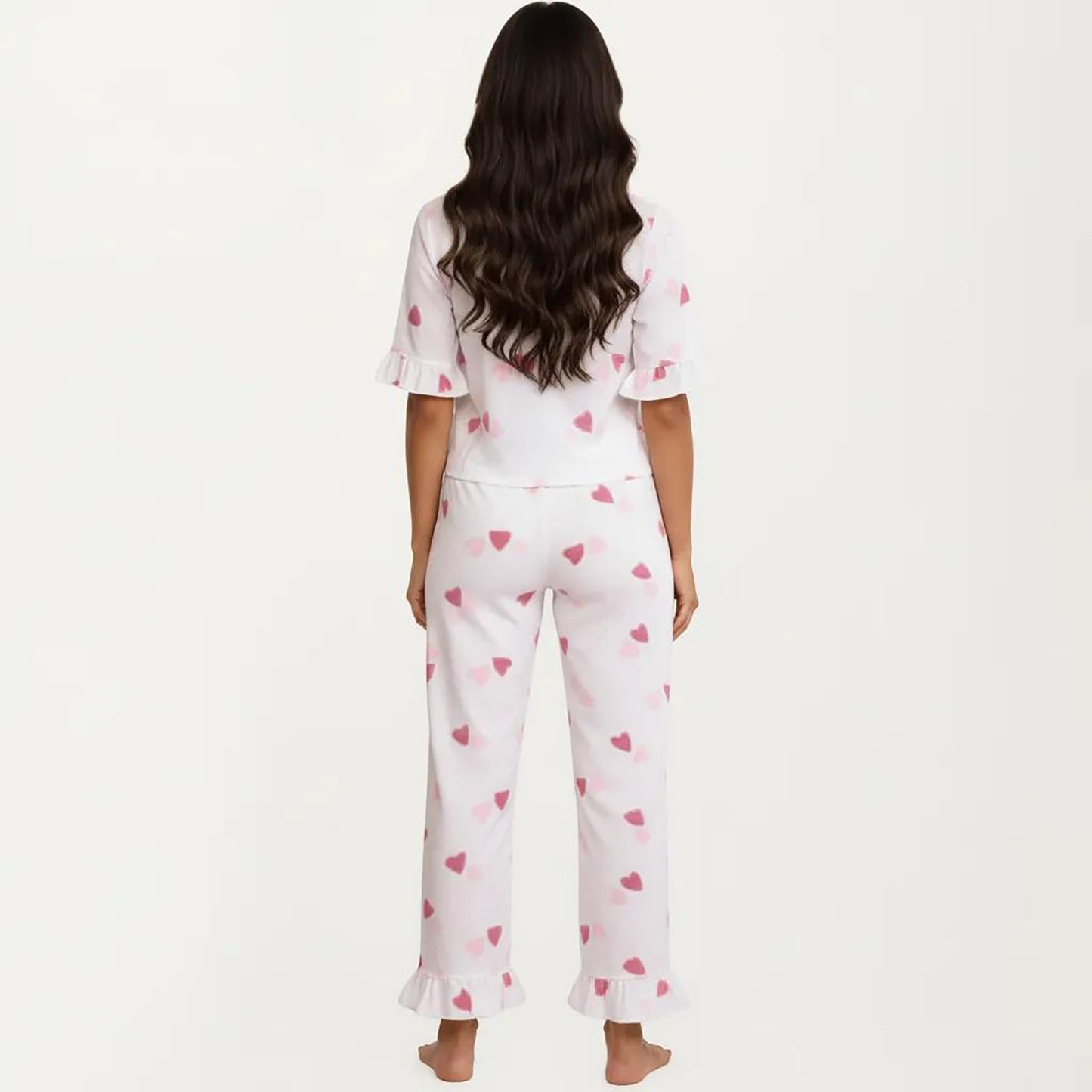 2-Piece Set V Neck Tie Front Pajama Top with Ruffle Sleeve Detail and Pants Printed Sleepwear Set