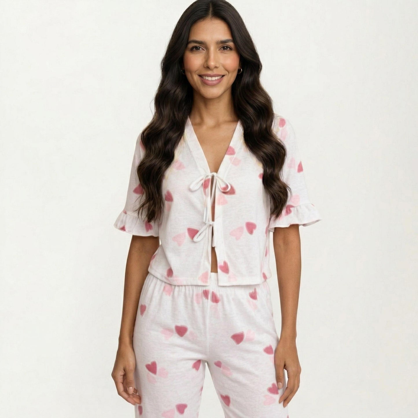 2-Piece Set V Neck Tie Front Pajama Top with Ruffle Sleeve Detail and Pants Printed Sleepwear Set