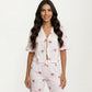 2-Piece Set V Neck Tie Front Pajama Top with Ruffle Sleeve Detail and Pants Printed Sleepwear Set