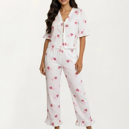 2-Piece Set V Neck Tie Front Pajama Top with Ruffle Sleeve Detail and Pants Printed Sleepwear Set