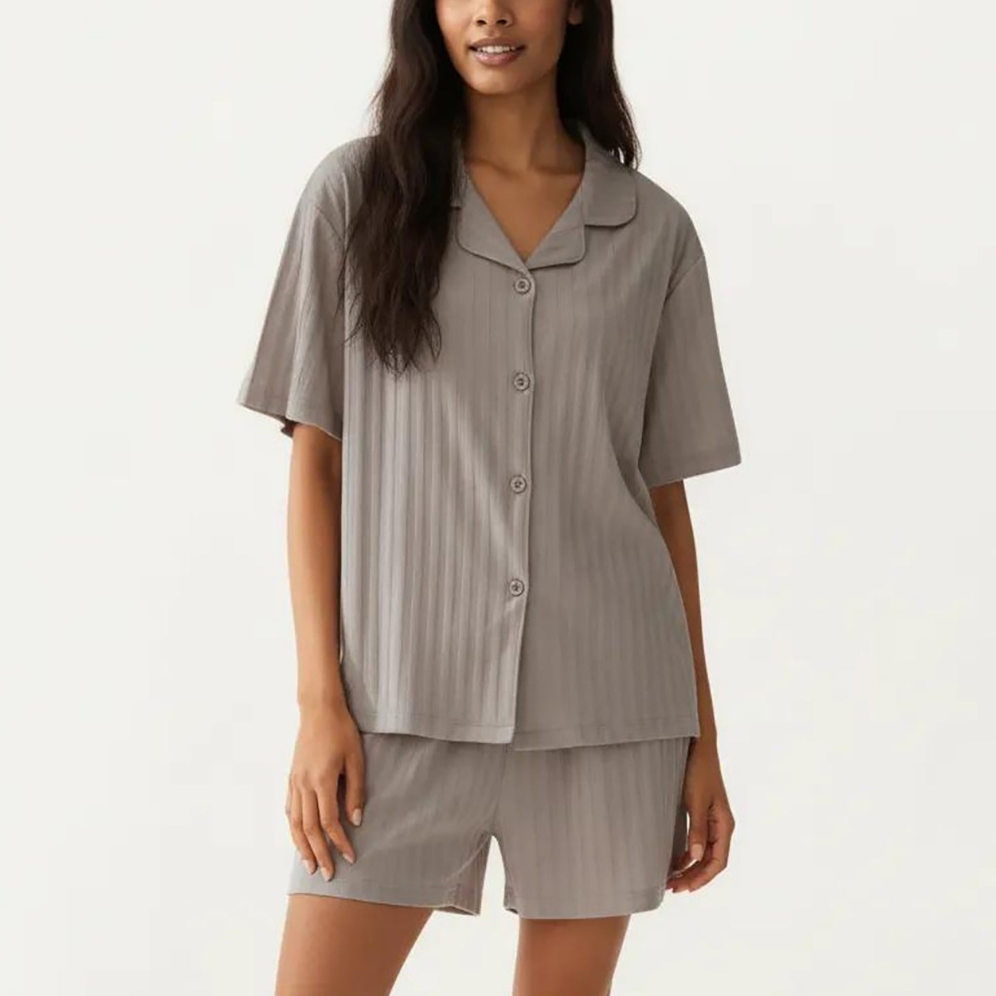 2-Piece Set Short Sleeve Button Down Pajama Top with Notch Collar and Shorts Textured Sleepwear Set