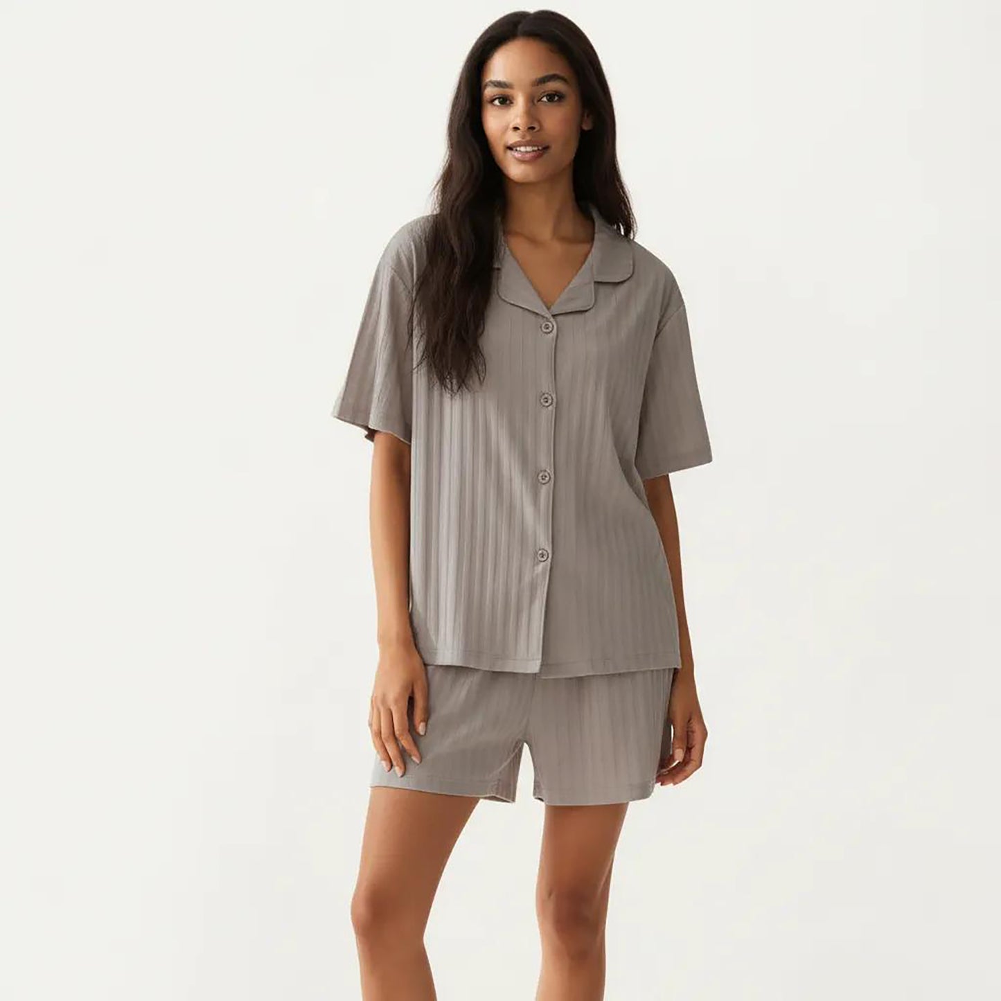 2-Piece Set Short Sleeve Button Down Pajama Top with Notch Collar and Shorts Textured Sleepwear Set